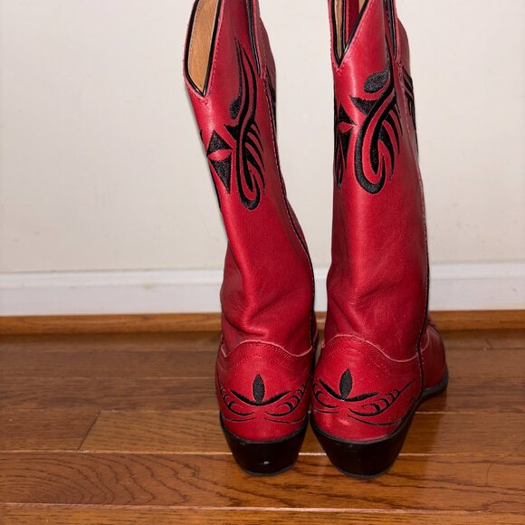 Embroidered Red Leather Western Cowboy Boots Woman Size 8 - Picture 3 of 7